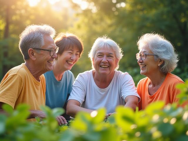 활기차게 웃으며 정원 가꾸기 활동을 하는 시니어들